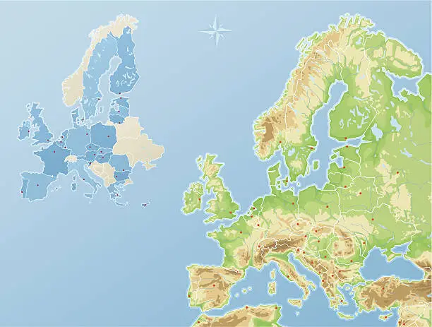 Vector illustration of Europe - physical map and states of the European Union