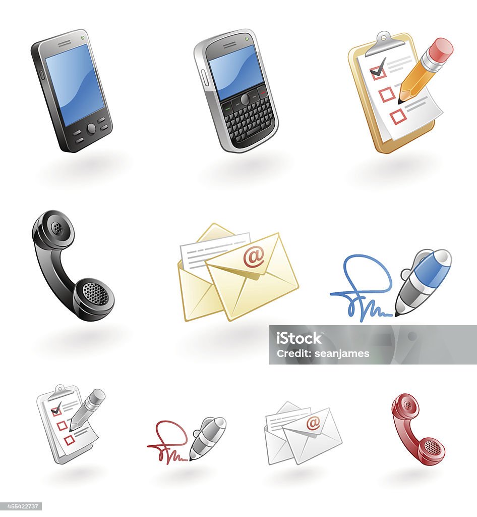 Komunikacja ikony telefonów, schowka w formie pisemnej, podpisu e-mail, - Grafika wektorowa royalty-free (E-mail)