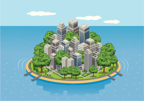 View of stylised city on an island with foliage surrounded by ocean. Art is on separate layers and easily editable. Don't want the background? - simply click it off.