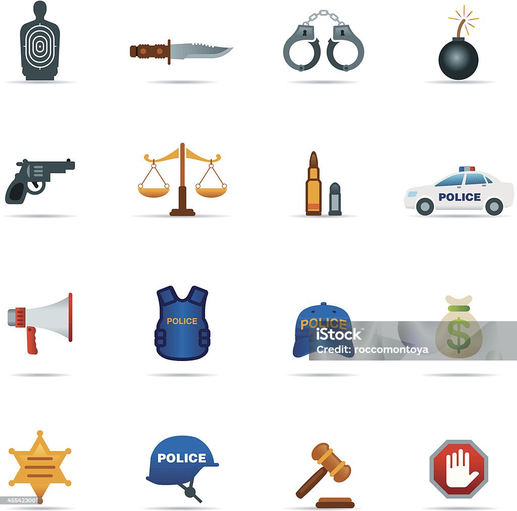 Zestaw ikon, policji i przestępczości i kolor - Grafika wektorowa royalty-free (Kamizelka kuloodporna)