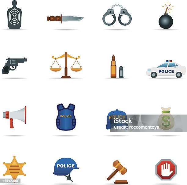 Conjunto De Ícones Da Criminalidade E Da Polícia Cor - Arte vetorial de stock e mais imagens de Alvo