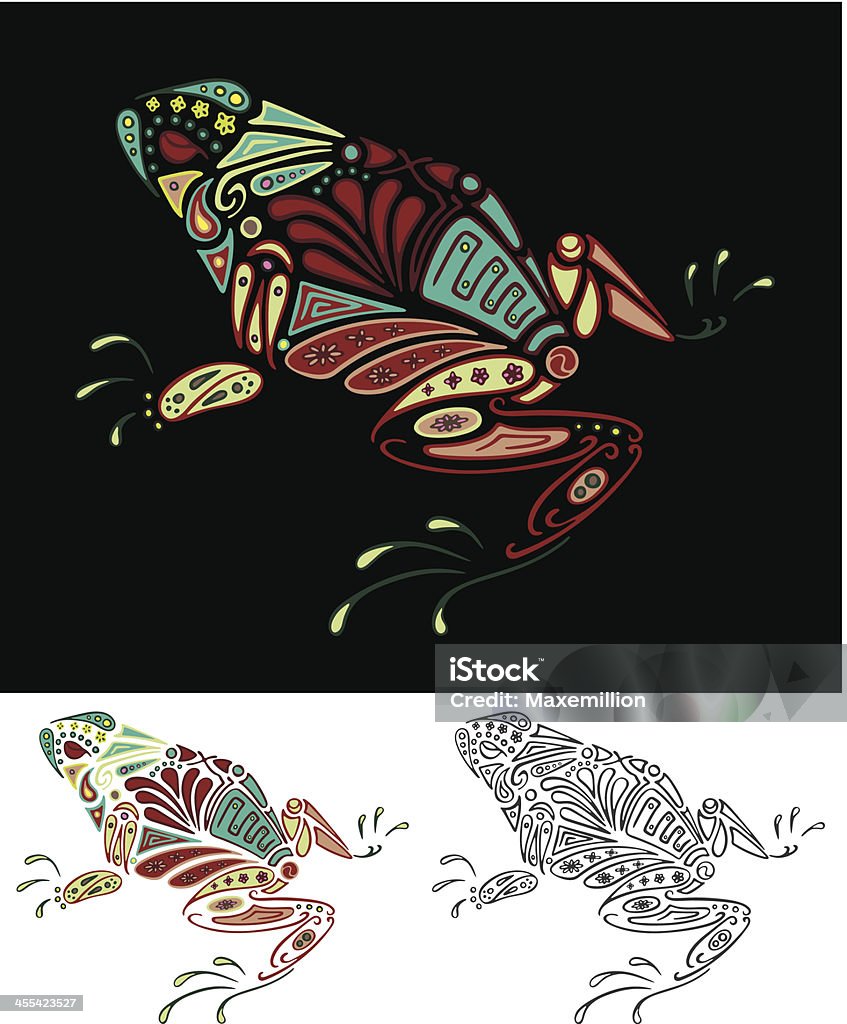 Paisley Flower Poison Arrow Frog Paisley patterened Flower Poison Arrow Frog on black background.  Black has all white knocked out. Frog stock vector