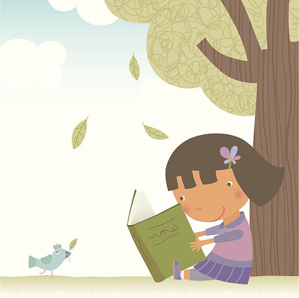 Little girl reading under the tree vector art illustration