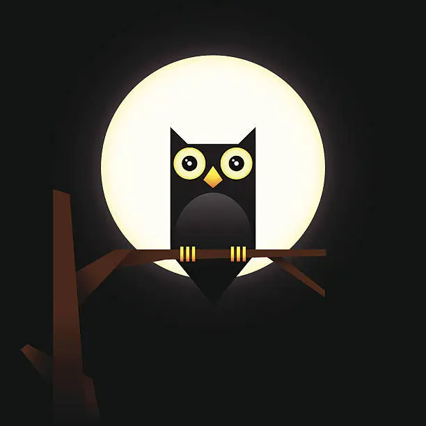 Vector illustration of Cute Vector Owl Character Over Full Moon Light
