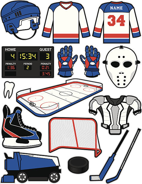 Hockey Items Items/equipment used in the sport of hockey. File is organized into layers and download includes: JPG, EPS, PDF formats. ice hockey league stock illustrations