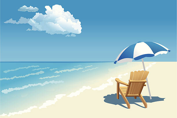 Graphic of a beach scene with wooden chair and parasol rest at sea bay of water illustrations stock illustrations