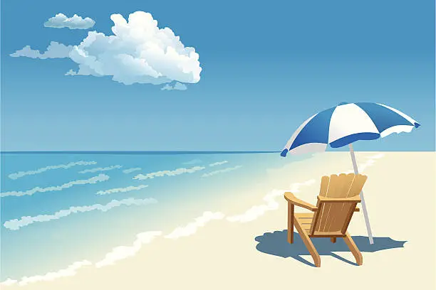 Vector illustration of Graphic of a beach scene with wooden chair and parasol