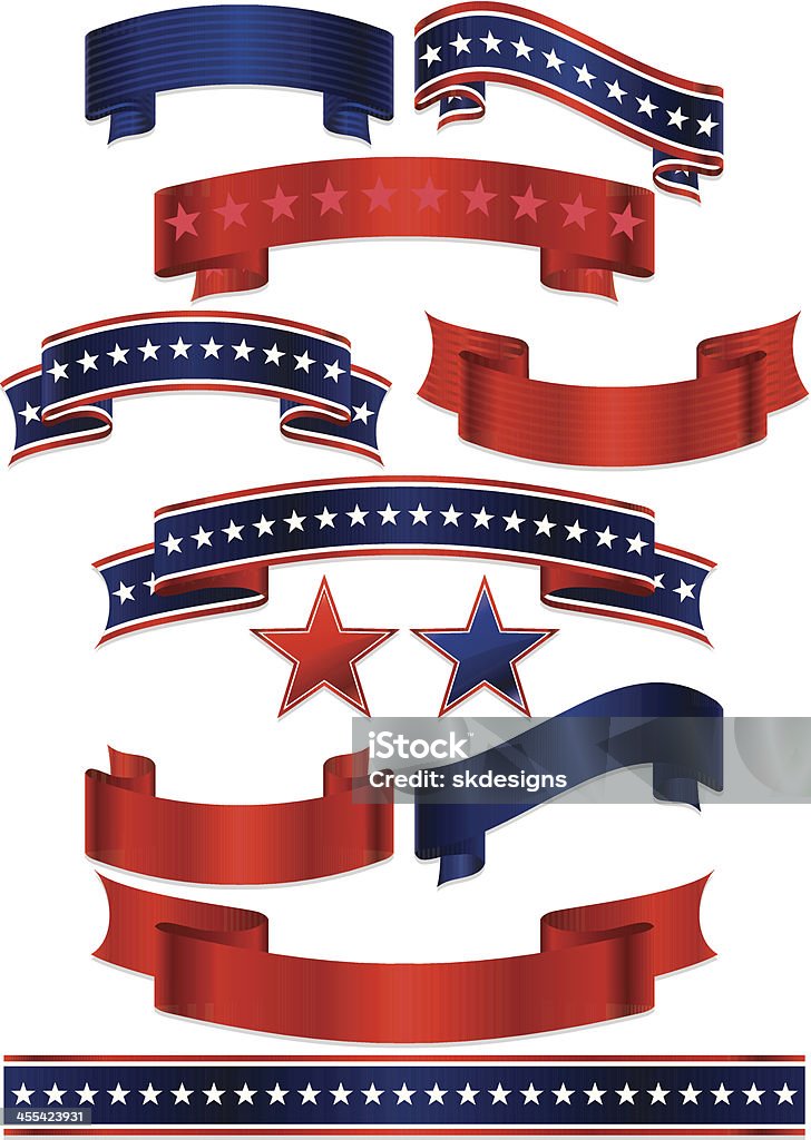 Patriótica estadounidense, pegatinas y cintas Juego de las estrellas: Rojo, blanco, azul - arte vectorial de Día de los veteranos en Estados Unidos libre de derechos