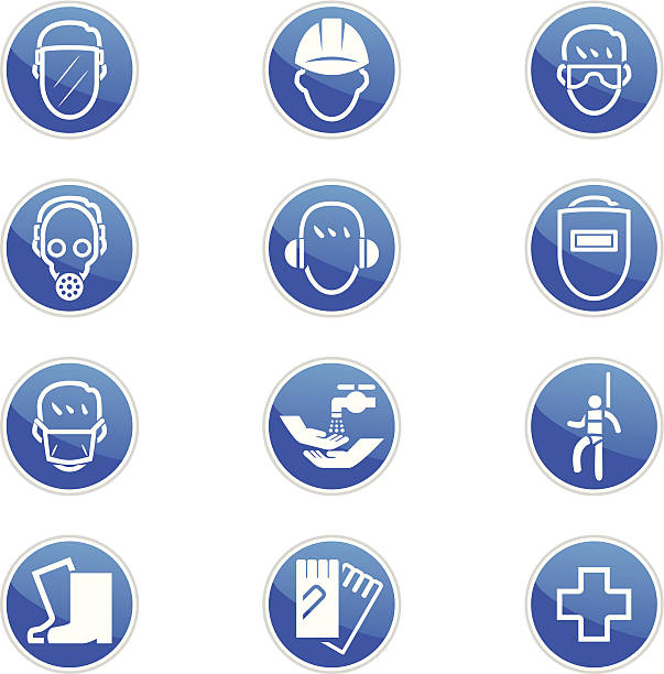 Set of twelve blue and white safety icons Vector of Safety First Sign safety first stock illustrations
