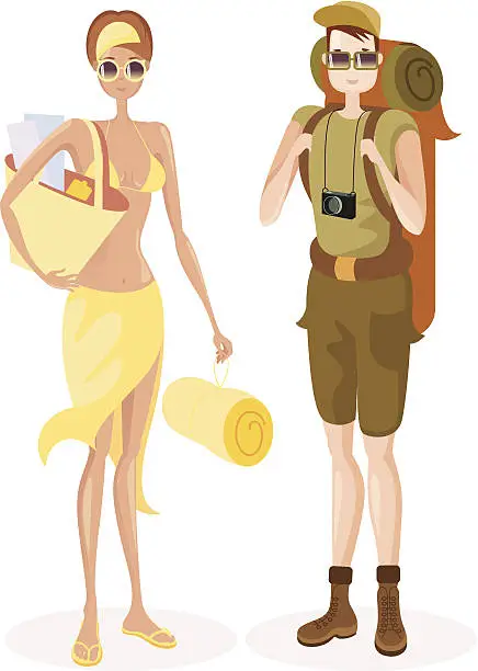 Vector illustration of Seaside holiday versus hiking.