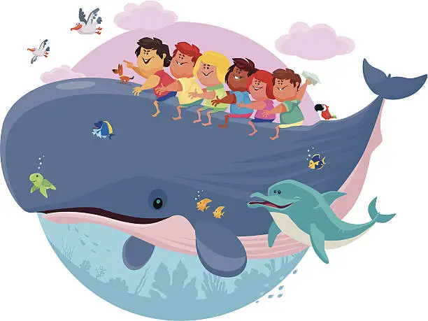 Vector illustration of kids riding whale