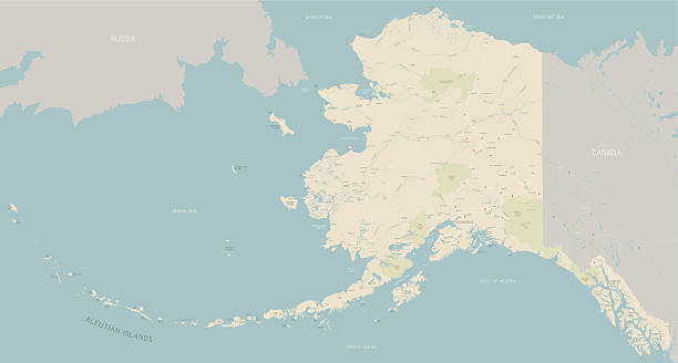 Alaska Map A very detailed map of Alaska state with cities, roads, major rivers and lakes, and national parks. Includes neighboring countries and surrounding water.  chukchi stock illustrations