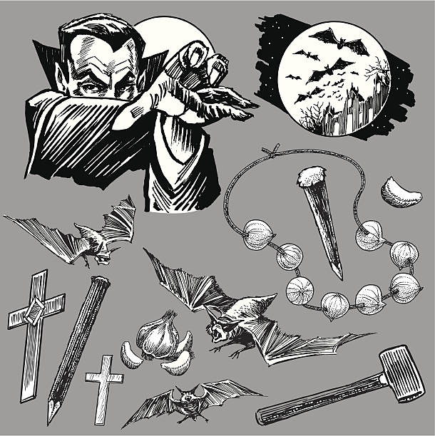 Vampire Dracula Collection with Bats for Halloween Pen and ink illustrations of various Vampire items. Complete with garlic, a cross and bats. layered for easy edits. Check out my "Halloween Horror Vector" light box for more. vampire stock illustrations