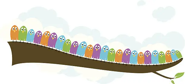 Vector illustration of Colorful cartoon birds standing in a row on a branch