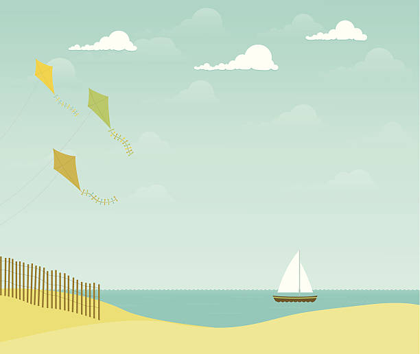 Beach scene with kites and sailboat vector art illustration