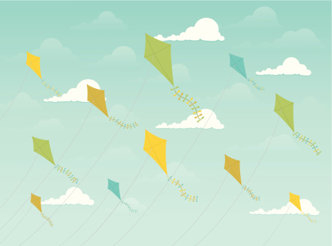 Contemporary styled illustration with colorful diamond kites against a softly cloudy sky.
