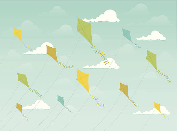 Festive kites flying Contemporary styled illustration with colorful diamond kites against a softly cloudy sky. kite toy stock illustrations