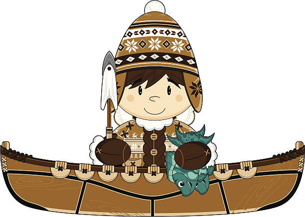 wooly kapelusz inuit rybak w canoe - cartoon fun fish gripping stock illustrations
