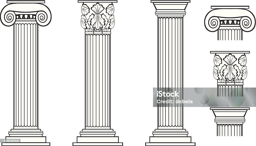 Columns Three different columns in Ionic, Corinthian and Doric styles, with isolated capitals of each one of them. Architectural Column stock vector