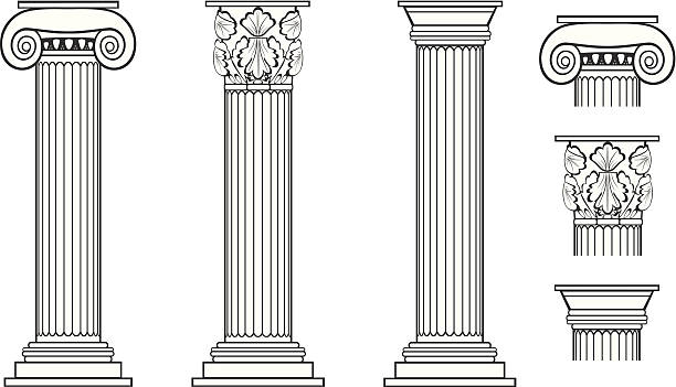 Columns Three different columns in Ionic, Corinthian and Doric styles, with isolated capitals of each one of them. doric stock illustrations