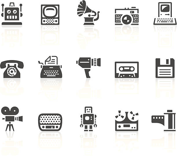 Vintage icons Vector icons. Simple series. One icon consists of a single object + reflection (on a separate layer). EPS8, JPEG + AI CS3 retro typewriter stock illustrations