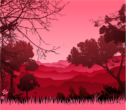 drawing and computer design of vector sunrise nature silhouette.