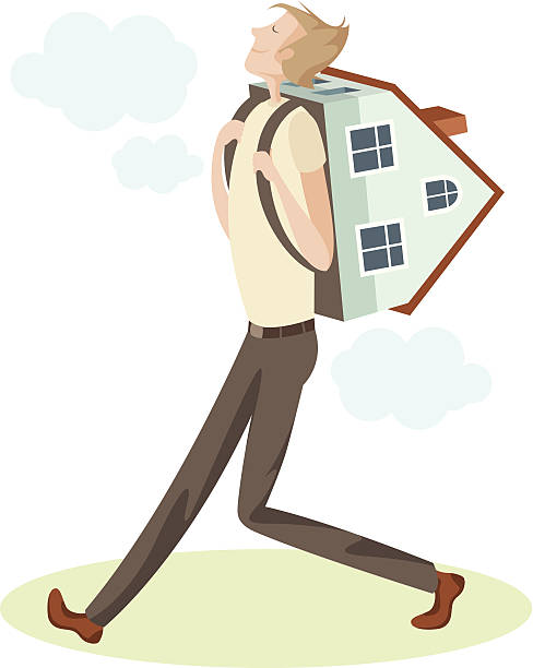 Man with house. Man carrying his house on his shoulders. trailer home stock illustrations