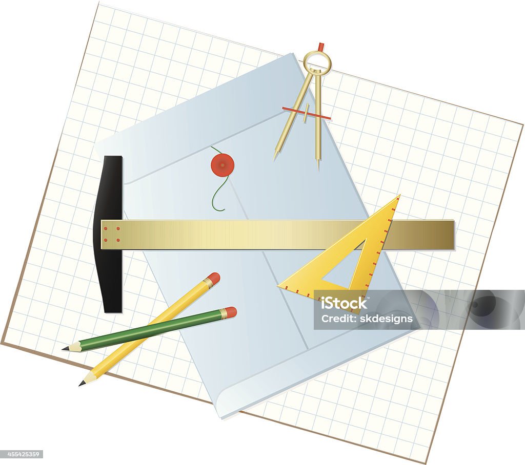 Grafiken Tools Gestaltung, Stifte, Briefumschlag, Kompass, Triangle und Millimeterpapier - Lizenzfrei Dokumenten-Mappe Vektorgrafik