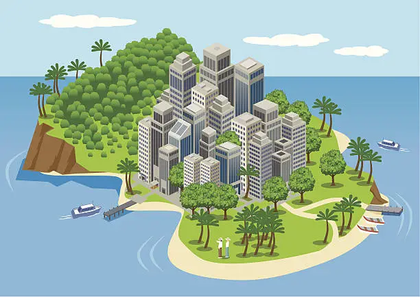 Vector illustration of City Buildings on a Tropical Island.