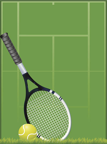 tennisplatz mit schläger und ball - tennis tennis ball serving racket stock-grafiken, -clipart, -cartoons und -symbole