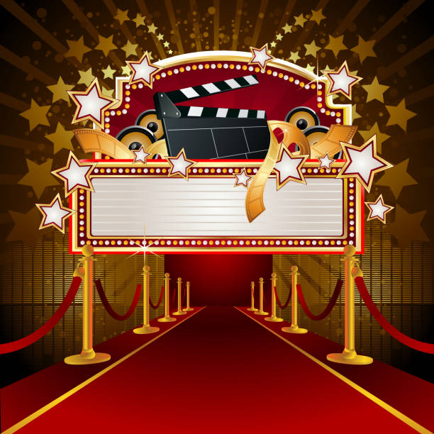 Filmy Marquee Display with RedCarpet Self illustrated beautiful Film related marquee display banner with red carpet.Each elements in a separate layers.Very easy to edit vector file. theater marquee red carpet movie theater movie stock illustrations