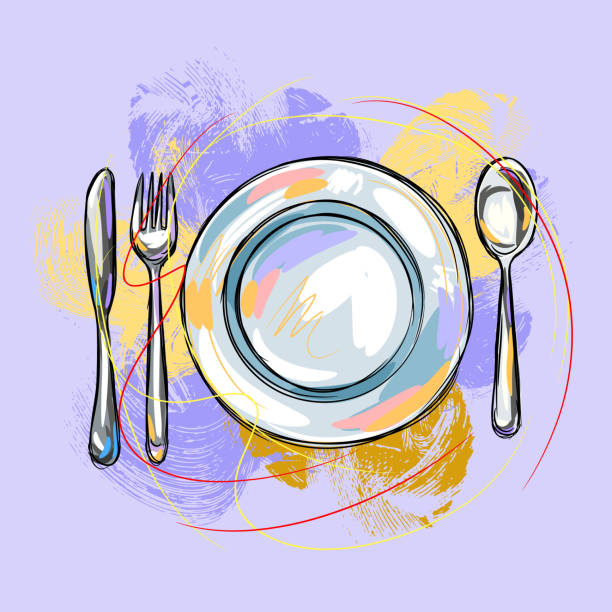 ilustrações, clipart, desenhos animados e ícones de coloque a configuração - fork place setting silverware plate