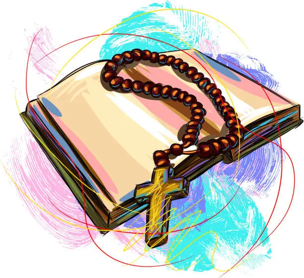 Vector illustration of Holy Bible and Rosary