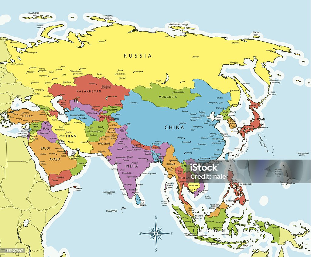 Asien Karte mit Ländern und Städten - Lizenzfrei Asien Vektorgrafik