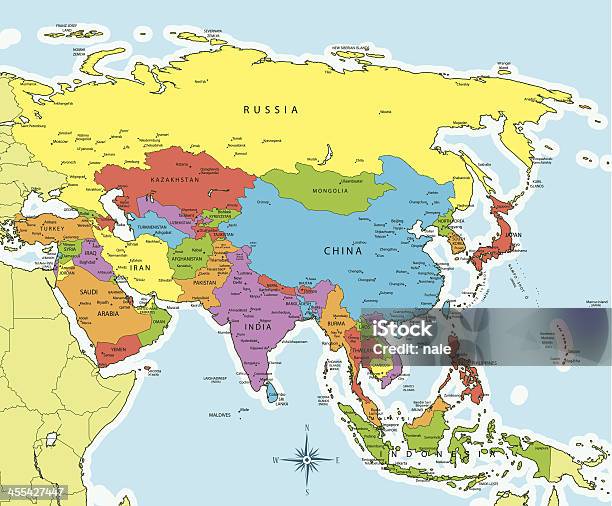 Asien Karte Mit Ländern Und Städten Stock Vektor Art und mehr Bilder von Asien - Asien, Karte - Navigationsinstrument, Südosten