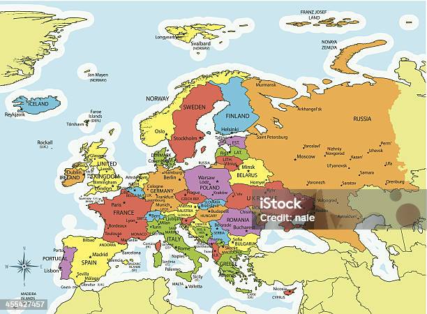 Europa Mappa Di Paesi E Città - Immagini vettoriali stock e altre immagini di Bussola magnetica - Bussola magnetica, Carta geografica, Cartografia