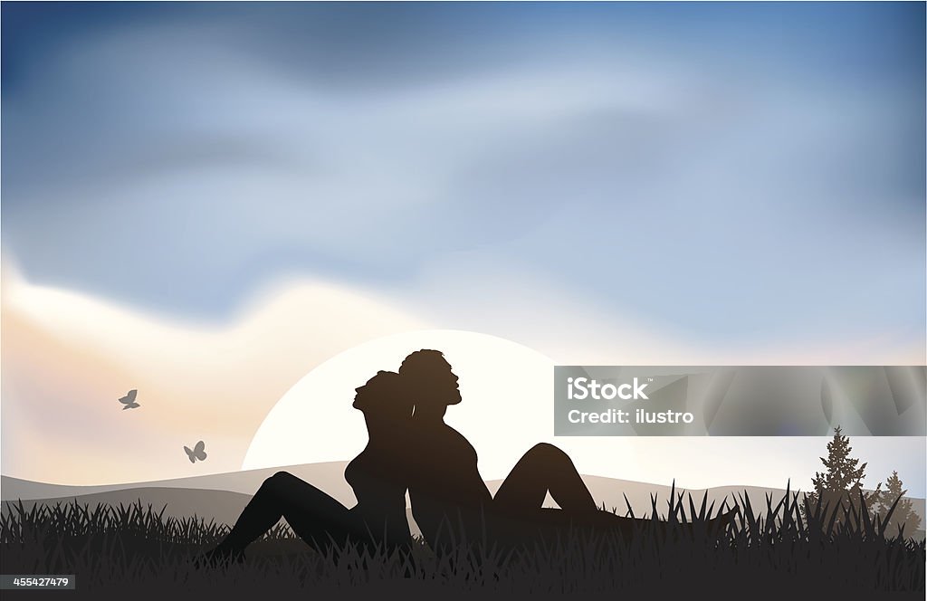 Romance Romantic sunset on the lawn. In Silhouette stock vector