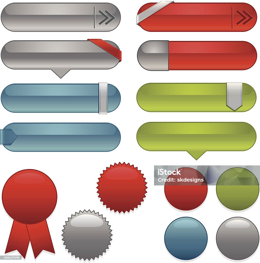 Iconos de interfaz, etiquetas, pegatinas y conjunto de cintas de: Azul, verde, rojo, plata - arte vectorial de Forma geométrica libre de derechos