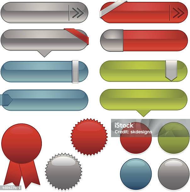 Ilustración de Iconos De Interfaz Etiquetas Pegatinas Y Conjunto De Cintas De Azul Verde Rojo Plata y más Vectores Libres de Derechos de Forma geométrica