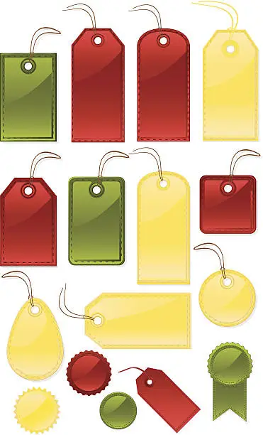 Vector illustration of Shiny Stitched Gift, Price, Luggage Tags, Labels: Red, Green, Yellow