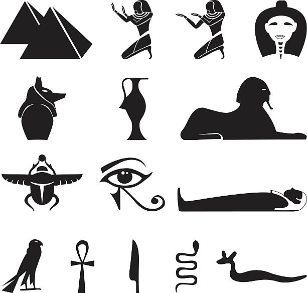 이집트 기호들 실루엣 - egyptian culture hieroglyphics human eye symbol stock illustrations