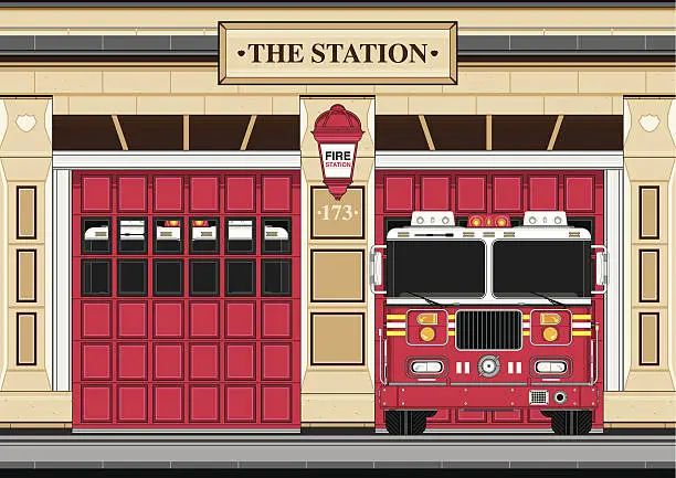 Vector illustration of Fire Engine at Station House