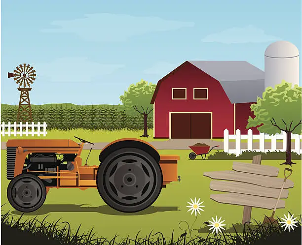 Vector illustration of Cartoon image of a farm with a red barn and orange tractor