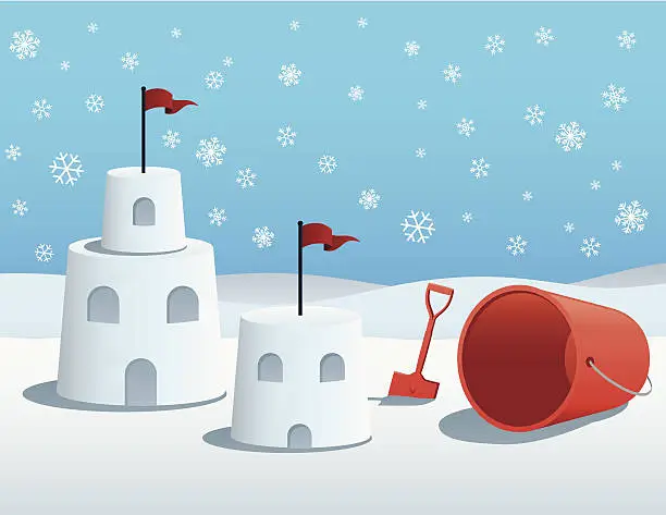 Vector illustration of Illustration of snow castles and red pail on snowy day.