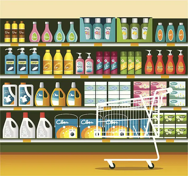 Vector illustration of Supermarket with Cleaning Product Packaging