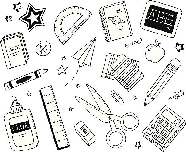 ilustraciones, imágenes clip art, dibujos animados e iconos de stock de escuela garabatos - textbook book apple school supplies