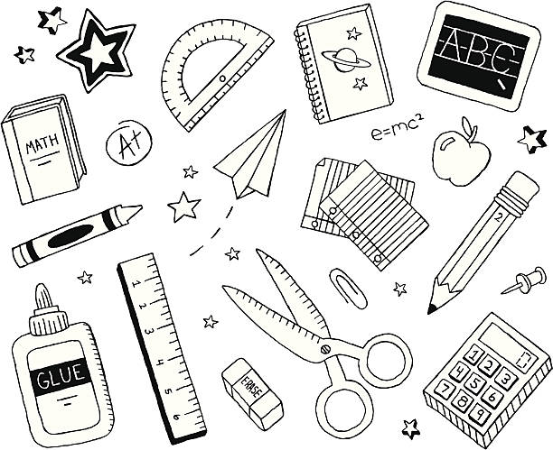 szkoły doodles - textbook book apple school supplies stock illustrations