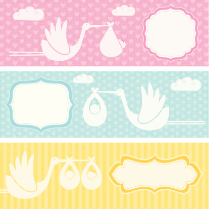 Baby and stork banners on textured backgrounds
