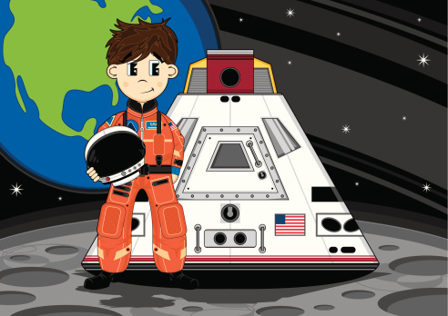 Vector illustration of an adorably cute Spaceman character and space capsule on the moons surface.