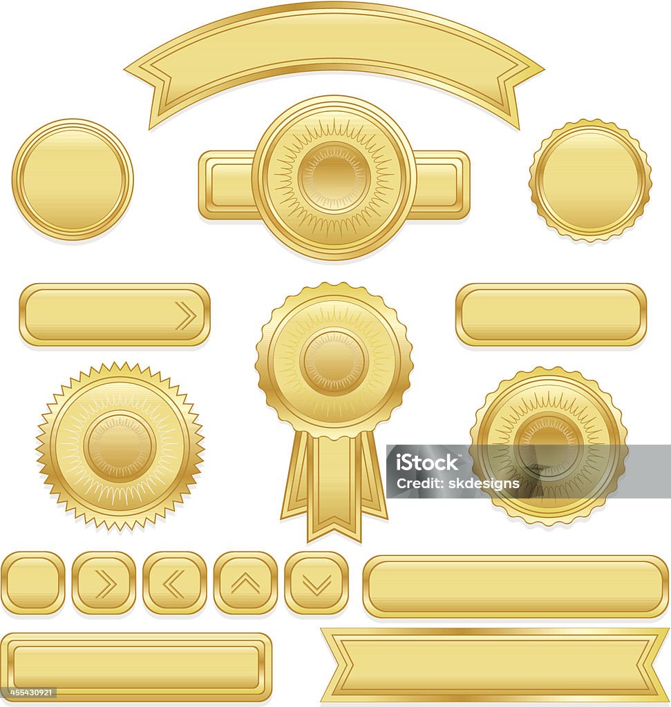 Shiny Buttons, Ribbons, Stickers, Placards Set: Gold Metallic Satin Set of shiny buttons, ribbons, stickers, placards, banners - shiny gold metallic satin with OPTIONAL drop shadows, arrows. Copy space. Award stock vector